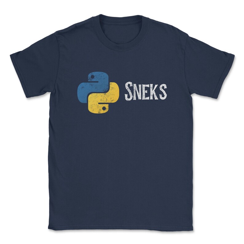 May include: A navy blue t-shirt with a yellow and blue Python logo and the text "SNEKS" printed on the front.