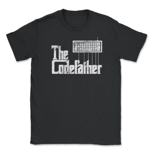 May include: Black t-shirt with a white graphic of a computer keyboard and the text "The Codefather".