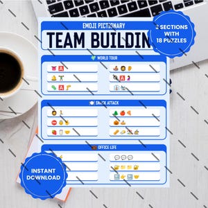 Peut inclure: Une feuille de papier blanche intitulée EMOJI PICTIONARY TEAM BUILDING avec trois sections contenant 18 puzzles. Les sections sont intitulées WORLD TOUR, SNACK ATTACK et OFFICE LIFE. Des badges circulaires bleus indiquent 3 SECTIONS WITH 18 PUZZLES et INSTANT DOWNLOAD.