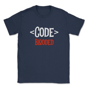 May include: A navy blue t-shirt with the text "<CODE> BLOODED" in white and red lettering.