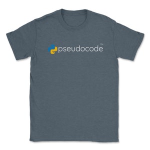 May include: A dark blue t-shirt with a yellow and blue Python logo and the text "pseudocode" in white.