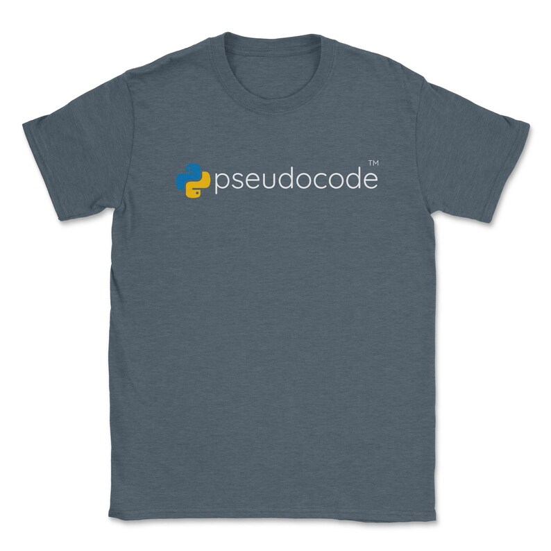 May include: A dark blue t-shirt with a yellow and blue Python logo and the text "pseudocode" in white.