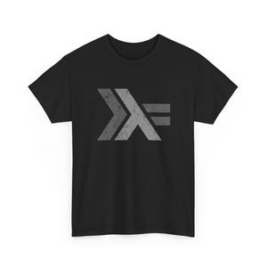 May include: Black t-shirt with a distressed gray geometric design. The design features a stylized arrow-like shape and two horizontal lines. The shirt is made of a soft material and has short sleeves.