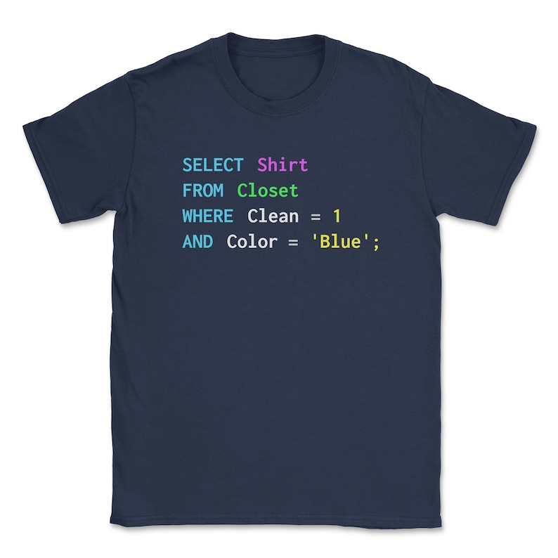 May include: A navy blue t-shirt with a code snippet printed on it. The code reads: SELECT Shirt FROM Closet WHERE Clean = 1 AND Color = 'Blue';