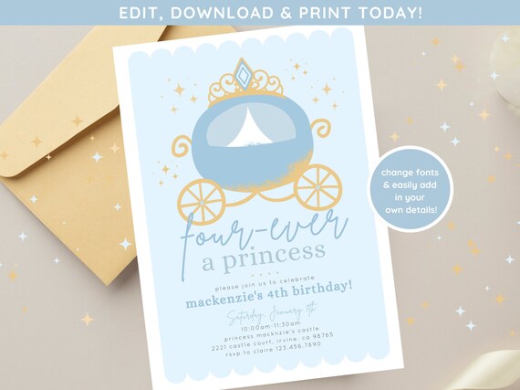 Four-ever a princess Birthday Invite | Princess Party | Girls Fourth Birthday Party Digital Download Magical Party Invite | Carriage Invite
