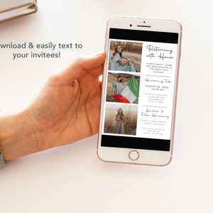 May include: A smartphone displaying a digital invitation for a homecoming talk and luncheon. The invitation features a photo of a woman in a dress and a text overlay that reads "Returning with Honor" and "Sister Ashley Jones has been serving in the Rome Italy Mission". The invitation also includes details about the homecoming talk and luncheon, including the date, time, and location.