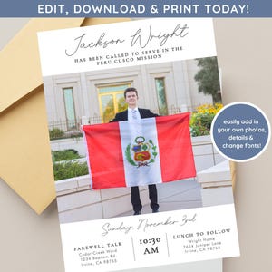 May include: A digital announcement card template featuring a photo of a person holding a red and white Peruvian flag in front of a building. The text reads Jackson Wright has been called to serve in the Peru Cusco Mission, Sunday, November 3rd.