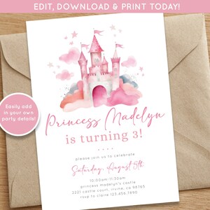Princess Birthday Invite | Princess Party | Girls Third Birthday Party Digital Download | Magical Party Invite | Princess Castle Invite image 1
