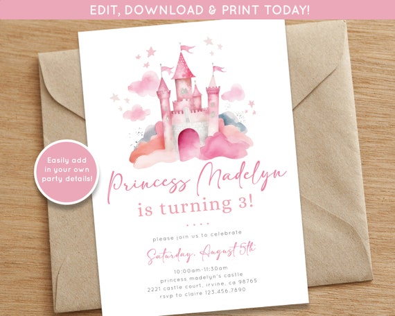 Princess Birthday Invite | Princess Party | Girls Third Birthday Party Digital Download | Magical Party Invite | Princess Castle Invite