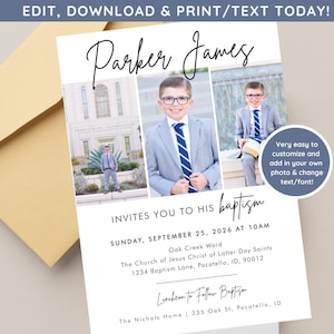 May include: A baptism invitation card featuring three photographs of a child in a suit and glasses. The text reads Parker James, invites you to his baptism, Sunday, September 25, 2026 at 10am, Oak Creek Ward, The Church of Jesus Christ of Latter Day Saints.