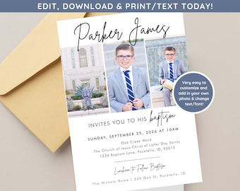 May include: A baptism invitation card featuring three photographs of a child in a suit and glasses. The text reads Parker James, invites you to his baptism, Sunday, September 25, 2026 at 10am, Oak Creek Ward, The Church of Jesus Christ of Latter Day Saints.