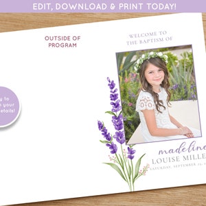 May include: A white card with lavender flowers and a photo of a young girl wearing a white dress and a flower crown. The text on the card reads "Welcome to the Baptism of Madeline Louise Miller, Saturday, September 23, 2023".