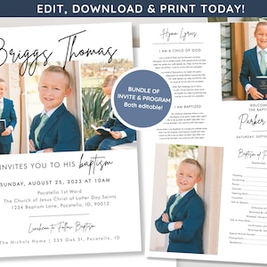 May include: A bundle of editable baptism invitations and programs. The design features a young boy in a suit, with text that reads "Briggs Thomas" and "Invites you to his baptism". Includes hymn lyrics and event details.