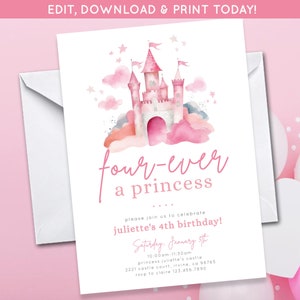 Four-ever a princess Birthday Invite | Princess Party | Girls Fourth Birthday Party Digital Download | Magical Party Invite | Castle Invite