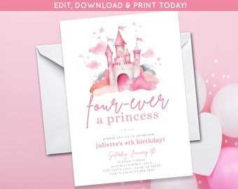 Four-ever a princess Birthday Invite | Princess Party | Girls Fourth Birthday Party Digital Download | Magical Party Invite | Castle Invite