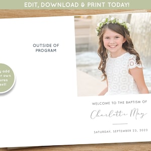 May include: A white baptism invitation with a photo of a girl wearing a white dress and a flower crown. The text reads "Welcome to the Baptism of Charlotte May, Saturday, September 23, 2023".