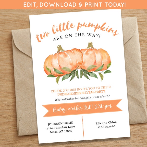 Twin Gender Reveal Party Invite | Pumpkin Fall Gender Reveal Announcement Twin Baby Shower Pumpkins Invite Two Little Pumpkins Shower Invite