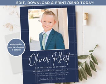 May include: A blue and white plaid baptism invitation with a photo of a young boy in a suit. The invitation says "Oliver Rhett has chosen to be baptized" and includes the date, time, and location of the baptism.