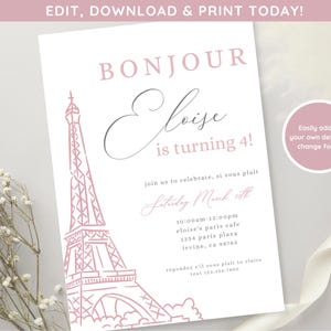 Bonjour to Four Birthday Invite | Paris Party | Girls Fourth Birthday Party Digital Download | Eiffel Tower Invite | Bonjour Paris Theme