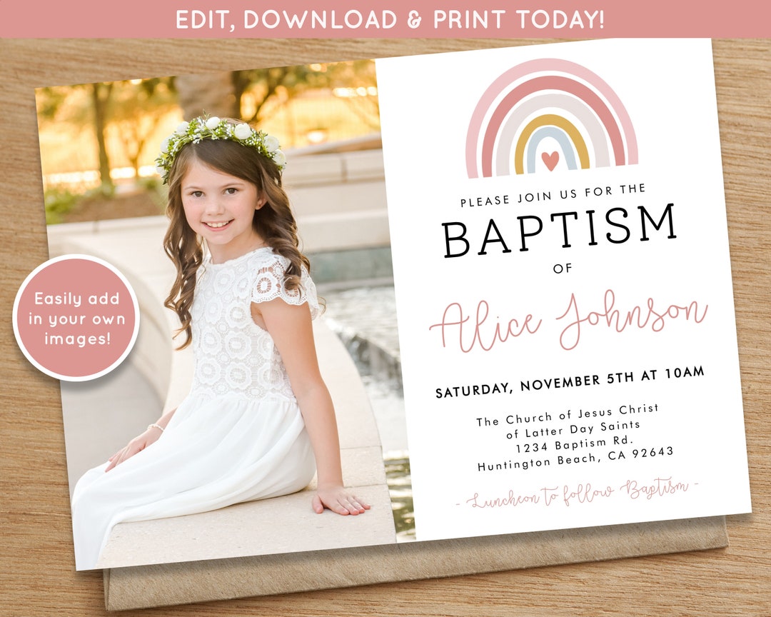 LDS Baptism Invitation Girl | Baptism Invitation Editable | Rainbow ...
