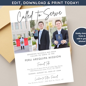 LDS Mission Farewell Invitation | Missionary Announcement  | Editable Mission Invitation |  Mormon Missionary Announcement | Called to Serve