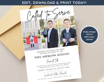 LDS Mission Farewell Invitation | Missionary Announcement  | Editable Mission Invitation |  Mormon Missionary Announcement | Called to Serve
