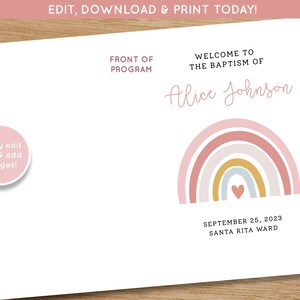 May include: A printable baptism program template featuring a rainbow with a heart in the center. The text reads "Welcome to the Baptism of Alice Johnson, September 25, 2023, Santa Rita Ward".