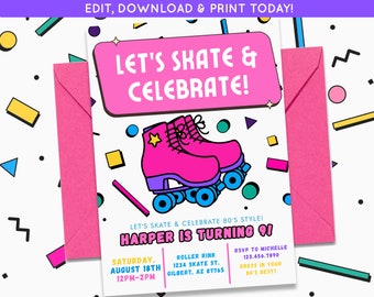 80s Rollerskating Party Invite | Roller Skate Birthday Party Invite | Girls Birthday Party Editable Digital Download | 80s Party Invite