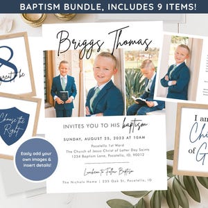 Op de afbeelding: Een dooppakket met uitnodigingskaarten, ingelijste prints en een programma. De uitnodiging bevat een foto van een jongen in een pak, met de tekst "Briggs Thomas nodigt u uit voor zijn doop". De bundel bevat 9 items.