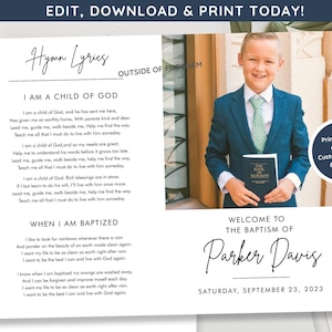 Puede incluir: Un programa de bautismo con letras de himnos y una foto de un niño con traje sosteniendo un libro. El programa incluye el texto "Bienvenido al bautismo de Parker Davis" y la fecha "Sábado 23 de septiembre de 2023."