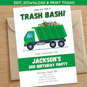 Trash Bash First Birthday Invitation | Trash Bash Twins First Birthday Invite | Boys Birthday Party | Digital Download Garbage Truck Invite