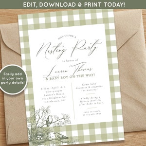 May include: A green and white gingham patterned invitation for a nesting party in honor of Lauren Thomas and baby boy on the way. The invitation includes the date, time, and location of the party, as well as a request for guests to bring a freezer meal for after the baby arrives.