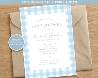 Blue Gingham Baby Shower Invite | Baby Boy Shower Invite | Classic Blue Baby Shower Invite | Blue gingham Editable Digital Download