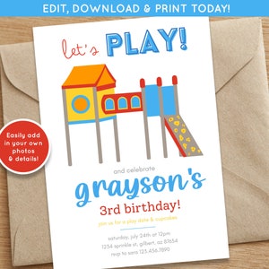 May include: A printable birthday party invitation with a colorful illustration of a playground. The invitation says "let's play!" and "grayson's 3rd birthday!" with details for the party, including the date, time, address, and RSVP information.