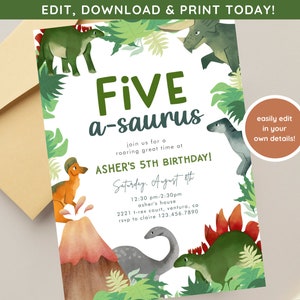 Peut inclure: Une invitation d'anniversaire imprimable sur le thème des dinosaures avec des dinosaures verts, bruns et orange sur un fond blanc. Le texte indique "Five a-saurus" et "Asher's 5th Birthday!" avec des détails pour la fête.
