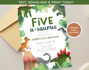 Five-a-saurus Dinosaur Invite | Dinosaur Birthday Party Invite | Dino Boys Birthday Party  | Jurassic Birthday Invite | 5th Dinosaur Invite
