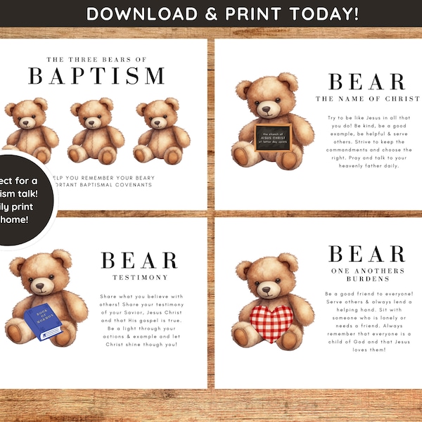 The Three Bears of Baptism LDS Printable Kit | Baptism Talk, Signs, Handouts | LDS Baptism Talk  | Mormon Baptism Handout Digital Download