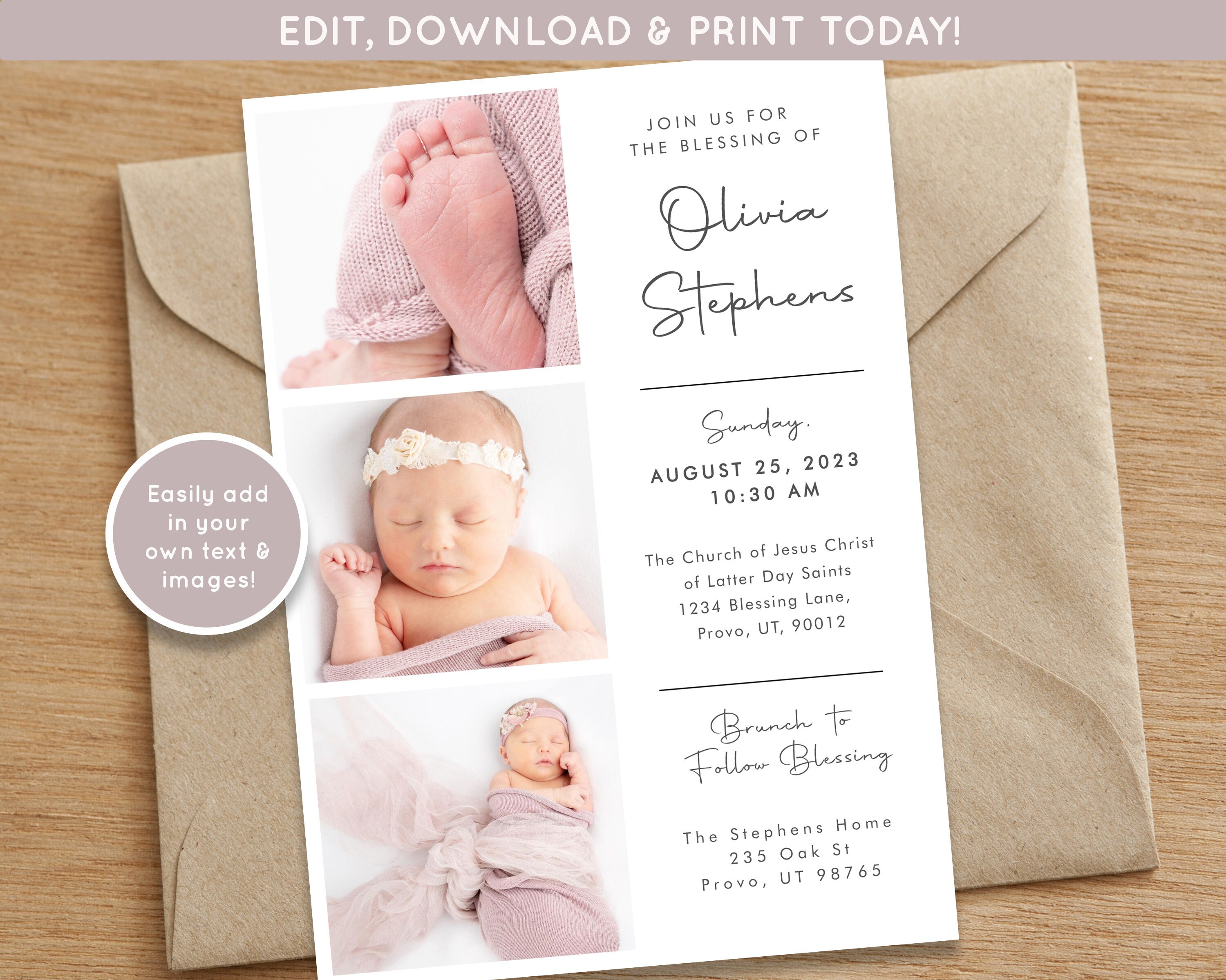 LDS Baby Blessing Invitation Girl | Christening Invitation Template | Editable Baptism Invite | LDS Blessing Announcement | Mormon Blessing