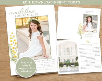 May include: A printable baptism invitation and program bundle featuring a watercolor illustration of yellow mimosa flowers and a photo of a young girl in a white dress. The text on the invitation reads "madeline LOUISE MILLER" and includes the date and time of the baptism. The program includes a list of the order of events for the baptism ceremony.