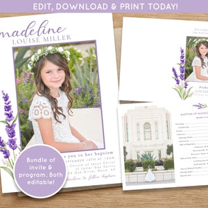 Puede incluir: Un conjunto de invitación y programa de bautismo imprimible con un diseño floral de lavanda. La invitación presenta una foto de una niña con un vestido blanco y un borde floral de lavanda. El programa incluye una lista de eventos para la ceremonia de bautismo. El texto de la invitación dice "madeline LOUISE MILLER" y el texto del programa dice "BAUTISMO DE MADELINE MILLER".