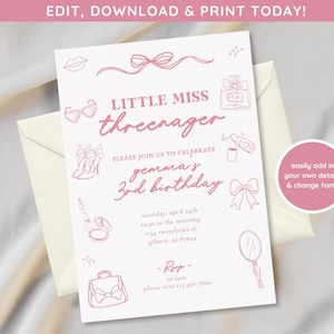 Little Miss Threenager Invite | Girly Girl Party Invite | Girls Third Birthday Party Digital Download | Vintage Girl Invite | Pink Party