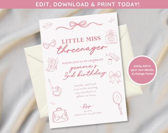 Little Miss Threenager Invite | Girly Girl Party Invite | Girls Third Birthday Party Digital Download | Vintage Girl Invite | Pink Party