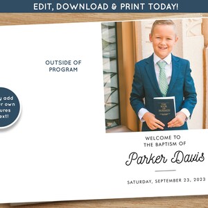 Puede incluir: Una tarjeta blanca con un borde azul y el texto "Bienvenido al bautismo de Parker Davis" con la fecha "Sábado, 23 de septiembre de 2023". Una foto de un niño pequeño con traje sosteniendo un libro está en el fondo.