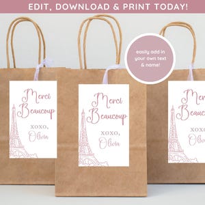 Etiquette cadeau Paris | Cadeau d'anniversaire à Paris | Sacs cadeaux Merci Beaucoup | Téléchargement numérique | Étiquette oui oui favor pour soirée à thème à Paris