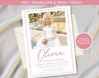 May include: A white card with a pink scalloped border and a photo of a young girl in a white dress. The text on the card reads "Olivia has chosen to be baptized Saturday, August 25, 2023 at 10am The Church of Jesus Christ of Latter Day Saints Blessing Rd. Huntington Beach, CA Luncheon to follow Baptism Johnson Home | 1314 Oak St. | Huntington Beach, CA"