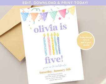 Girls Fifth Birthday Party | Combined Birthday Party Invite Editable 5th Birthday Invite | Colorful Birthday Party | Simple Birthday Invite