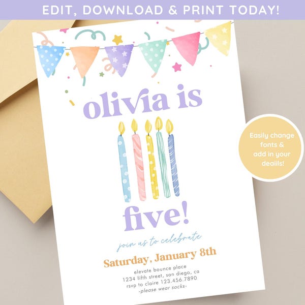 Girls Fifth Birthday Party | Combined Birthday Party Invite Editable 5th Birthday Invite | Colorful Birthday Party | Simple Birthday Invite