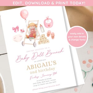 Op de afbeelding: Een roze en gouden printbare uitnodiging voor een Baby Doll Brunch om de 2e verjaardag van Abigail te vieren. De uitnodiging bevat een aquarel-illustratie van een pop in een kinderwagen met roze en witte accessoires.