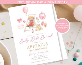 Pink Baby Doll Birthday Party Invitation | Dolly and Me Party | Baby Doll Party | Baby Doll Brunch | Be A Doll Invite | Editable Download