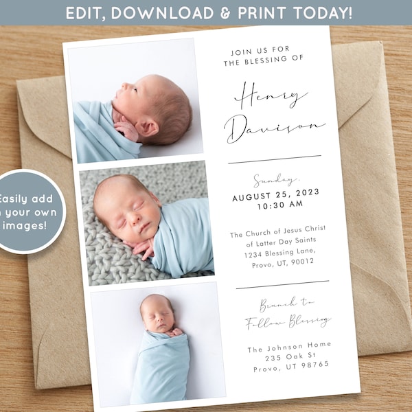 LDS Baby Blessing Invitation Boy | Christening Invitation Template | Editable Baptism Invite | LDS Blessing Announcement | Mormon Blessing